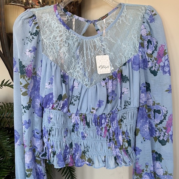 Free People Blue Floral Lace Blouse - Picture 2 of 14